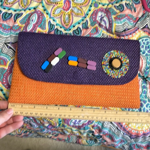 NWOT African Handmade Woven Womens Abstract Clutch Purse orange purple snap - Picture 9 of 10